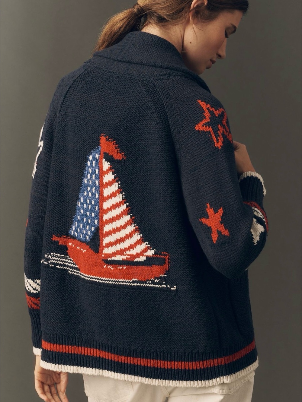 New Anthropologie Navy Nautical Sailboat Red & Blue Stars Cozy Cardigan SZ S